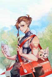 1boy animal bag black_pants black_shirt bo_bo_(cytus) braid braided_sidelocks brown_eyes brown_hair commentary_request cytus cytus_ii earrings from_side griffin hair_tattoo highres holding holding_tablet_pc jewelry looking_at_viewer outdoors pants ponytail red_bag sagar_(cytus) shirt short_ponytail shoulder_bag shoulder_tattoo sidelocks single_sidelock sleeveless sleeveless_shirt smile suspenders tablet_pc tattoo turtleneck turtleneck_shirt undercut w-tea 