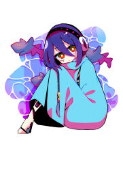  1girl absurdres blue_cloak cloak closed_mouth commentary_request earmuffs fish full_body hair_between_eyes hair_tubes head_tilt highres konyak9konnya9 long_hair looking_at_viewer metal_hair_tubes olympia_(sekaiju) purple_hair robot_girl sekaiju_no_meikyuu sekaiju_no_meikyuu_3 simple_background single_hair_tube sitting solo white_background 