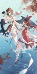  2girls ascot bird_wings black_ribbon black_skirt black_wings bow brown_eyes brown_hair brown_shoes chinese_commentary closed_mouth commentary_request detached_sleeves frilled_bow frilled_hair_tubes frilled_skirt frills full_body hair_bow hair_tubes hakurei_reimu hat highres long_hair mary_janes multiple_girls neck_ribbon open_mouth pointy_ears pom_pom_(clothes) puffy_short_sleeves puffy_sleeves red_bow red_hat red_skirt ribbon ribbon-trimmed_skirt ribbon-trimmed_sleeves ribbon_trim shameimaru_aya shirt shoes short_sleeves skirt skirt_set smile socks tokin_hat touhou water white_shirt white_socks wings xiazhi64378 yellow_ascot 