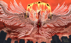 absurdres blood building city clouds cloudy_sky commentary_request creature creature_focus eldritch_abomination halo highres keselum_(neganeura) multiple_wings no_humans original scenery signature sky skyscraper wings 