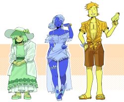  1other 2boys aafff567346 alternate_costume blonde_hair blue_(deltarune) blue_flower blue_hair blue_one-piece_swimsuit blue_rose brown_shorts closed_eyes colored_eyelashes commentary deltarune dress flower frilled_one-piece_swimsuit frills green_(deltarune) green_dress green_hair green_shoes hat highres holding holding_water_gun multiple_boys one-piece_swimsuit pectorals ponytail rose sandals shirt shoes short_hair shorts slides sun_hat swimsuit untranslatable_commentary utdr_(toby_fox) water_gun yellow_(deltarune) yellow_shirt yellow_shoes 