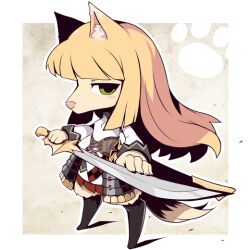  1girl animal_ear_fluff armor blonde_hair border breasts chibi chibi_only commentary_request crab_man fingernails furry furry_female green_eyes holding holding_sword holding_weapon japanese_armor legs_apart long_hair long_sleeves looking_at_viewer mononofu_(sekaiju) mononofu_2_(sekaiju) paw_print pink_nose sekaiju_no_meikyuu sekaiju_no_meikyuu_4 shirt small_breasts solo standing sword tail weapon white_border white_shirt 