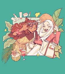  2girls adjusting_eyewear aqua_background artist_name bag black_shirt brown_dress brown_eyes brown_hair coconut coconut_cup dark-skinned_female dark_skin dress drinking_straw fruit_as_cup glass hana_(winchestermegg) hat highres hijab leaf long_hair looking_at_viewer mera_(winchestermegg) multiple_girls original palm_leaf pink_shirt shirt simple_background sleeveless sleeveless_dress sparkle straw_hat sunglasses white-framed_eyewear white_bag white_hijab winchestermegg 