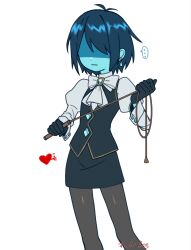  ... 1other ace_attorney apple_(zwrmdh6qbk70623) black_skirt black_vest blue_hair blue_skin bow bowtie colored_skin commentary_request cosplay deltarune feet_out_of_frame franziska_von_karma franziska_von_karma_(cosplay) highres holding holding_whip juliet_sleeves kris_(dark_world)_(deltarune) kris_(deltarune) kris_(lawyer)_(deltarune) long_sleeves other_focus pantyhose partially_shaded_face puffy_sleeves red_soul_(utdr) shirt skirt soul_(character)_(deltarune) soul_(utdr) spoken_ellipsis utdr_(toby_fox) vest whip white_bow white_bowtie white_shirt 