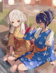 2girls absurdres bath_yukata blue_eyes blue_hair blue_kimono breasts brown_eyes closed_mouth female_robin_(fire_emblem) female_robin_(onsen_tactician)_(fire_emblem) fire_emblem fire_emblem_awakening fire_emblem_cipher fire_emblem_heroes hair_between_eyes hair_rings haru_(nakajou-28) highres japanese_clothes kimono long_hair long_sleeves lucina_(fire_emblem) lucina_(hot-spring_scramble)_(fire_emblem) medium_hair multiple_girls obi official_alternate_costume official_alternate_hairstyle onsen rubber_duck sash sitting small_breasts symbol-shaped_pupils tiara towel towel_around_neck white_hair yellow_kimono yukata 