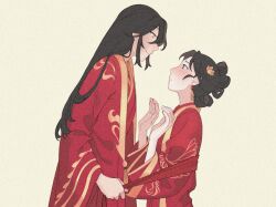  2girls absurdres black_eyes black_hair blush charathegay chinese_clothes commentary dress earrings hanfu highres holding_sash jewelry jing_wei_qing_shang long_hair multiple_girls nangong_jingnu qiyan_agula red_hanfu wedding_dress yellow_eyes yuri 