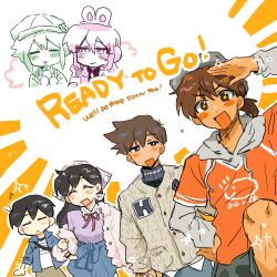  +_+ 2girls 4boys animal_ear_headphones animal_ears antenna_hair aubrey_(birthday)_(omori) aubrey_(faraway)_(omori) aubrey_(omori) baseball_cap basil_(birthday)_(omori) basil_(faraway)_(omori) basil_(omori) black_eyes black_hair blue_jacket blue_shorts blush bright_pupils brother_and_sister brothers brown_hair camouflage camouflage_shorts cardigan closed_eyes closed_mouth collared_jacket collared_shirt commentary dark-skinned_male dark_skin double-parted_bangs drinking drinking_straw drinking_straw_in_mouth english_text fake_animal_ears grey_hat hair_behind_ear hair_between_eyes hat headphones headscarf hero_(birthday)_(omori) hero_(faraway)_(omori) hero_(omori) highres hood hood_down hoodie jacket kel_(birthday)_(omori) kel_(faraway)_(omori) kel_(omori) long_hair looking_at_another looking_at_viewer mari_(birthday)_(omori) mari_(faraway)_(omori) mari_(omori) multiple_boys multiple_girls nat_omogu newsboy_cap official_alternate_costume official_alternate_hairstyle omori open_clothes open_jacket open_mouth orange_hoodie purple_shirt rabbit_ear_headphones rabbit_ears shirt short-sleeved_jacket short_hair short_sleeves shorts siblings sidelocks smile something_(omori) sunny_(birthday)_(omori) sunny_(omori) untranslatable_commentary white_cardigan white_headscarf white_pupils white_shirt 