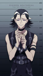  1boy artist_name belt black_hair blue_eyes bound bound_wrists choker copyright_name cuffed cuffs digimon digimon_beatbreak earrings fangs hair_slicked_back handcuffs height_chart height_mark highres jewelry kuroshio_souji male_focus mazaki_kei mugshot multicolored_hair sleeveless solo two-tone_hair white_hair 