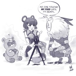 1girl 2025 2boys anger_vein ardilla_coreana artist_name bandages cooking_pot crossed_arms fire genshin_impact guoba_(genshin_impact) hair_rings highres hilichurl_(genshin_impact) mask monochrome multiple_boys red_panda speech_bubble spoon squatting xiangling_(genshin_impact) 