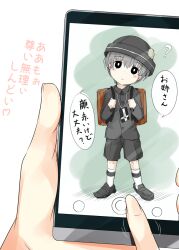  1boy 1girl ? bag black_eyes bright_pupils brown_bag camera camera_around_neck cellphone character_request check_character closed_mouth collared_shirt commentary_request full_body grey_hair grey_hat grey_shirt grey_shoes grey_shorts hat head_tilt kneehighs light_blush long_sleeves looking_at_viewer miyama_shaei pale_skin phone pov pov_hands shin_(highest1192) shirai_kuroko shirt shoes short_hair shorts smartphone socks speech_bubble standing talking toaru_kagaku_no_railgun toaru_kagaku_no_railgun_t toaru_majutsu_no_index translation_request white_background white_pupils white_socks 