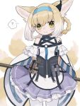  1girl ? animal_ear_fluff animal_ears apron arknights bangs bare_shoulders blonde_hair blue_hairband blush braid brown_eyes closed_mouth commentary_request eyebrows_behind_hair fox_ears fox_girl fox_tail frilled_skirt frills hair_between_eyes hair_rings hairband highres kitsune multicolored_hair pantyhose pleated_skirt purple_skirt shirt simple_background skirt smile solo someyaya spoken_question_mark suzuran_(arknights) tail twin_braids two-tone_hair waist_apron white_apron white_background white_hair white_legwear white_shirt 