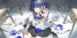  1girl :o absurdres apple bandaged_arm bandages bandaid bandaid_on_finger bandaid_on_hand bitten_apple black_sailor_collar black_shoes black_skirt blue_eyes blue_hair blue_neckerchief blunt_bangs braid bucket canvas_(object) chromatic_aberration day easel food food_bite fruit hair_ornament hair_ribbon hairclip highres indoors limited_palette loafers looking_up moriyama_meiko multicolored_hair neckerchief open_mouth original outstretched_arm paint_on_body paint_palette paint_splatter paint_splatter_on_face paper pleated_skirt ribbon ribbon_in_braid sailor_collar school_uniform shadow shards shirt shoes short_hair sidelocks sitting skirt socks solo sparkle streaked_hair sunlight teeth tile_floor tiles tongue upper_teeth_only wariza white_ribbon white_shirt white_socks 