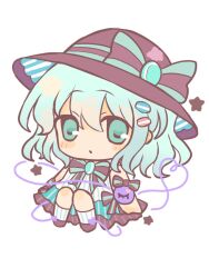  1girl alternate_costume bow brown_bow brown_hat chibi chibi_only commentary dress food-themed_hair_ornament full_body green_bow green_dress green_eyes green_hair hair_ornament hat hat_bow heart heart_of_string highres komeiji_koishi looking_at_viewer macaron_hair_ornament medium_hair silverrain simple_background solo star_(symbol) striped_bow striped_clothes striped_dress touhou white_background white_dress 