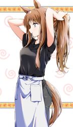  1girl absurdres adjusting_hair animal_ears apron arms_behind_head arms_up black_shirt blue_eyes breasts brown_hair commentary_request grass_wonder_(umamusume) hair_lift hair_tie_in_mouth hands_in_own_hair highres holding_own_hair horse_ears horse_girl horse_tail long_hair mouth_hold multicolored_hair shirt short_sleeves solo tail tanaka_wonder tying_hair umamusume white_apron white_hair 