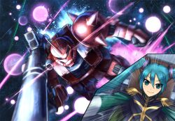  1girl aqua_eyes aqua_hair bazooka_(gundam) chair closed_mouth cockpit commentary_request cosplay crossover cut-in epaulettes explosion eye_trail glowing glowing_eyes gun gundam hatsune_miku holding holding_gun holding_weapon light_trail long_hair mecha military_uniform mobile_suit mobile_suit_gundam mobile_suit_gundam_the_origin on_chair one-eyed pilot_chair piloting pink_eyes radio_antenna robot science_fiction shingo_(picturepuzzle) shoulder_spikes smile space spikes thrusters twintails vocaloid weapon zaku_ii zaku_ii_s_char_custom zeon 