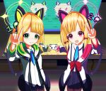  2girls absurdres animal_ears bangs black_legwear black_shorts black_skirt blonde_hair blue_archive blue_bow blue_neckwear bow cat_ear_headphones cat_ears collared_shirt commentary_request eyebrows_visible_through_hair fake_animal_ears grin hair_bow halo hand_up headphones highres jacket long_sleeves looking_at_viewer midori_(blue_archive) momoi_(blue_archive) multiple_girls necktie off_shoulder open_clothes open_jacket parted_lips pleated_skirt red_bow rswifhand shirt short_shorts shorts sidelocks simple_background skirt sleeves_past_wrists smile tail_raised thigh-highs twintails white_jacket white_shirt 