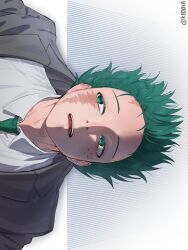  1boy background_request bite_mark black_jacket blue_pupils boku_no_hero_academia collared_shirt colored_eyelashes commentary_request dated_commentary dress_shirt facing_viewer forehead freckles green_eyes green_hair green_necktie hair_up hickey highres jacket k1dqka korean_commentary lapels looking_to_the_side male_focus midoriya_izuku multiple_scars necktie nostrils notched_lapels open_mouth partial_commentary scar scar_on_cheek scar_on_face scar_on_forehead shirt short_hair sideways sideways_glance solo suit_jacket tearing_up tears teeth tongue twitter_username upper_body upper_teeth_only white_shirt wing_collar 