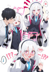 !? 1boy 1girl ? @_@ absurdres anger_vein black_hair black_jacket black_necktie black_skirt black_thighhighs blazer blue_archive blue_necktie blush bright_pupils closed_eyes collared_shirt commentary confused dombear embarrassed english_commentary hair_between_eyes halo hand_on_own_hip heart highres index_finger_raised jacket kei_(blue_archive) kei_(student)_(blue_archive) kiss kissing_cheek lanyard long_hair long_hair_between_eyes long_sleeves miniskirt musical_note necktie open_clothes open_jacket open_mouth pink_halo puffy_long_sleeves puffy_sleeves rectangular_halo red_eyes red_halo school_uniform sensei_(blue_archive) shirt simple_background skirt spoken_anger_vein spoken_heart spoken_musical_note spoken_question_mark thigh-highs v-shaped_eyebrows white_background white_hair white_jacket white_pupils white_shirt 