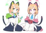  2girls absurdres animal_ears bangs black_legwear black_shorts black_skirt blonde_hair blue_archive blue_bow blue_neckwear bow cat_ear_headphones cat_ears collared_shirt commentary_request eyebrows_visible_through_hair fake_animal_ears grin hair_bow halo hand_up headphones highres jacket long_sleeves looking_at_viewer midori_(blue_archive) momoi_(blue_archive) multiple_girls necktie off_shoulder open_clothes open_jacket parted_lips pleated_skirt red_bow shirt short_shorts shorts sidelocks simple_background skirt sleeves_past_wrists smile taeseok.10jeong tail_raised thigh-highs twintails white_jacket white_shirt 