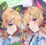 2girls absurdres animal_ears bangs black_legwear black_shorts black_skirt blonde_hair blue_archive blue_bow blue_neckwear bow cat_ear_headphones cat_ears collared_shirt commentary_request eyebrows_visible_through_hair fake_animal_ears grin hair_bow halo hand_up headphones highres jacket long_sleeves looking_at_viewer midori_(blue_archive) momoi_(blue_archive) multiple_girls necktie off_shoulder open_clothes open_jacket parted_lips pleated_skirt red_bow shirt short_shorts shorts sidelocks simple_background skirt sleeves_past_wrists smile tail_raised thigh-highs twintails white_background white_jacket white_shirt zetaro
