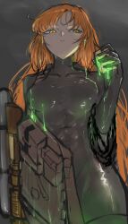  1girl absurdres bodysuit closed_mouth commentary_request diving_suit feluppy125 from_below grey_background harpoon harpoon_gun highres holding ishmael_(project_moon) limbus_company long_hair molar_boatworks_(identity)_(project_moon) orange_hair project_moon simple_background slime_(substance) solo wetsuit 