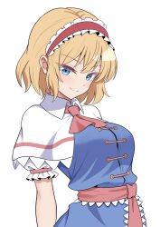  1girl absurdres alice_margatroid ascot blonde_hair blue_dress blue_eyes blush breasts capelet closed_mouth commentary_request dress frilled_hairband frills hairband highres kiyo_(kiyo_mariari) large_breasts looking_at_viewer pink_ascot pink_sash puffy_short_sleeves puffy_sleeves red_hairband sash short_hair short_sleeves simple_background smile solo touhou waist_sash white_background white_capelet 