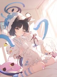  absurdres animal_ears black_eyes black_hair blue_archive blue_halo cat_ears cat_girl cat_tail colored_inner_animal_ears commentary cup curtains doodle_sensei_(blue_archive) halo hat highres holding holding_cup indoors kikyou_(blue_archive) korean_commentary looking_at_viewer multiple_tails nagusa_(blue_archive) one_eye_closed peroro_(blue_archive) sensei_(blue_archive) sh1on short_hair sitting stuffed_animal stuffed_toy tail two_tails window 