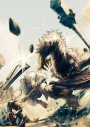  1girl 2boys bag bird_boy blue_sky boots brown_bag brown_capelet brown_eyes brown_hair brown_pants capelet chain chicken_boy clenched_teeth commentary_request cropped day debris eyepatch fighting full_body glowing glowing_eyes hammer highres holding holding_bag holding_hammer holding_weapon jun_(navigavi) lens_flare light_particles long_sleeves looking_to_the_side medium_hair multiple_boys nose one_eye_covered original outdoors pants parted_lips ruins sky smoke teeth weapon yellow_boots 