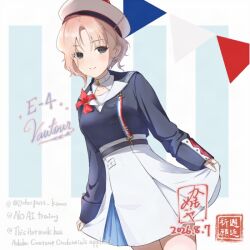  1girl artist_logo beret black_eyes blonde_hair blue_jacket blue_sailor_collar breasts commentary_request dated flag hat jacket kamo_mayor kantai_collection logo looking_at_viewer medium_breasts sailor_collar shirt short_hair skirt smile solo vautour_(kancolle) white_hat white_shirt white_skirt 
