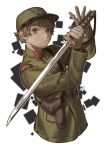  1boy absurdres bangs belt brown_gloves brown_hair flat_cap gloves green_eyes green_headwear green_jacket hands_up hat high_collar highres holding holding_sword holding_weapon holster imperial_japanese_army jacket katana looking_at_viewer male_focus military military_hat military_jacket military_uniform original parted_lips revision sam_browne_belt short_hair signature simple_background soldier solo sword tsukino_miyako uniform upper_body weapon world_war_ii 