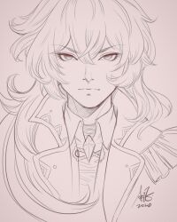  1boy commentary crossed_bangs diluc_(genshin_impact) dress_shirt english_commentary genshin_impact highres jacket lineart looking_at_viewer male_focus medium_hair monochrome portrait shirt signature sketch solo stanley_lau straight-on 