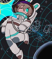  1girl alternate_costume animal_ears astronaut commentary_request floating grey_hair helmet highres ichika-chan_(iiiichimaru_03) iiiichimaru_03 one_eye_closed ponytail rabbit_ears solo space space_helmet spacesuit star_(sky) zero_gravity 