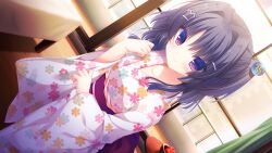  1girl apple back_bow bed black_hair bow closed_mouth collarbone curtains door dutch_angle floral_print food fruit furisode game_asset glass hair_intakes hair_ornament hairclip hand_on_own_arm hand_up highres hoshi_furu_yoru_no_farnese indoors japanese_clothes kimono looking_at_viewer medium_hair multiple_hair_ribbons non-web_source obi obijime orihime_n._astil post_and_rail_fence purple_bow purple_sash ribbon sash self-datamine solo standing table two_side_up violet_eyes white_kimono white_ribbon yukata yukie_(peach_candy) 