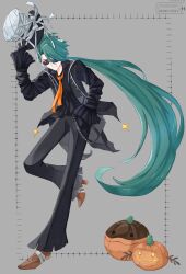  alternate_costume black_coat black_pants clodsire coat collared_shirt commentary glasses green_hair halloween hat highres holding holding_unworn_clothes holding_unworn_hat jack-o'-lantern long_hair marushi_(marusiiiil) necktie orange_necktie paldean_wooper pants pokemon pokemon_scarlet_and_violet ponytail pumpkin red_eyes rika_(pokemon) shirt top_hat unworn_hat unworn_headwear very_long_hair 