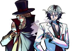  2boys black_cape black_hair black_pants black_shirt blonde_hair breast_pocket cape cigarette collared_cape collared_shirt crazy_eyes crazy_smile danganronpa_(series) danganronpa_another expressionless facial_hair goatee grey_hair half_mask hat highres holding holding_cigarette holding_mask long_sleeves loose_necktie magician male_focus mask messy_hair multiple_boys necktie necktie_in_pocket pants pock5766 pocket sannoji_mikado shirt short_hair smile smoke super_danganronpa_another_2 wavy_hair white_background white_shirt yellow_necktie 
