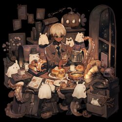  1boy artist_name black_eyes black_necktie book cake coat collared_shirt commentary_request couch crossed_bangs cup dark-skinned_male dark_skin dress_shirt fantasy food ghost hair_between_eyes halloween hat highres holding holding_cup holding_spoon indoors instagram_username jimini_shijimi long_sleeves necktie original phonograph pudding pumpkin pumpkin_soup shirt short_hair sitting skeb_username solo spoon submarine table tentacles twitter_username underwater watercraft white-haired_man_(jimini_shijimi) white_hair white_shirt window witch_hat 