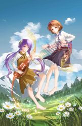  2girls absurdres barefoot biwa_lute black_ribbon blue_sky brown_eyes brown_hair chain chinese_commentary clouds collared_shirt commentary_request day dress flower flower_request full_body gan_cao_xuan_mi_su grass hair_flower hair_ornament hairband highres instrument long_hair long_sleeves looking_at_viewer lute_(instrument) mountainous_horizon multiple_girls musical_note musical_staff neck_ribbon open_mouth outdoors playing_instrument purple_hair purple_hairband ribbon shirt short_hair siblings sisters skirt sky smile toes touhou tree tsukumo_benben tsukumo_yatsuhashi twintails very_long_hair violet_eyes white_flower white_shirt yellow_dress 