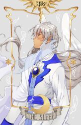  1boy alternate_skin_color blue_gem blue_sash cardcaptor_sakura chest_jewel clow_card commentary dark-skinned_male dark_skin darkened_skin disembodied_hand ear_piercing english_commentary english_text falling_feathers feathered_wings feathers gem grey_background grey_hair hand_on_another's_cheek hand_on_another's_face kaeryi long_hair long_sleeves male_focus mixed-language_text piercing robe sash sleep_(clow_card) solo_focus star_(symbol) sun_symbol upper_body very_long_hair white_robe white_wings wings yue_(cardcaptor_sakura) 