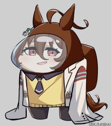  1girl agnes_tachyon_(tach-nology)_(umamusume) agnes_tachyon_(umamusume) ahoge among_us animal_ears black_necktie brown_hair coat commentary cosplay crewmate_(among_us) crewmate_(among_us)_(cosplay) english_commentary full_body grey_background hair_between_eyes helmet highres horse_ears horse_girl kizuchu lab_coat long_bangs looking_at_viewer necktie open_clothes open_coat open_mouth red_eyes short_hair simple_background sleeves_past_fingers sleeves_past_wrists solo space_helmet sweater umamusume white_coat yellow_sweater 