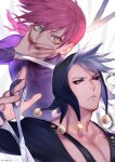  2boys 723_(tobi) bangs black_sclera blood blood_on_hands closed_mouth colored_sclera green_eyes grey_hair heterochromia highres jojo_no_kimyou_na_bouken looking_at_viewer multiple_boys pink_hair red_eyes risotto_nero scissors simple_background vento_aureo vinegar_doppio white_background yellow_eyes 