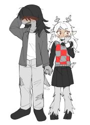  2girls animal_ears blush buck_teeth checkered_clothes checkered_sweater_vest checkered_vest commentary deer_ears deer_girl deer_tail deltarune full-face_blush furry furry_female hair_over_eyes holding_hands hooves jacket monochrome multiple_girls nabob nervous_sweating noelle_holiday red_nose reindeer_girl reptile_girl sharp_teeth spot_color standing susie_(deltarune) sweat sweater_vest tail tail_wagging teeth utdr_(toby_fox) vest yuri 