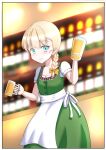  1girl alcohol apron bangs beer beer_mug blonde_hair blouse blue_eyes blunt_bangs blurry blurry_background braid commentary_request cowboy_shot cup dirndl dress german_clothes green_dress hair_over_shoulder highres holding kantai_collection long_hair looking_at_viewer mug shin&#039;you_(kancolle) short_sleeves single_braid solo tamana_hiroyoshi waist_apron waitress white_apron white_blouse 
