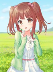  1girl :d belt blue_sky blunt_bangs blush bow brown_eyes brown_hair cardigan clouds clover collarbone collared_dress commentary_request day dress field flat_chest floral_print floral_print_dress four-leaf_clover frilled_bow frills green_cardigan hair_bow highres holding holding_clover idolmaster idolmaster_cinderella_girls jewelry long_sidelocks long_sleeves medium_hair mountain necklace nuzuminn ogata_chieri open_mouth outdoors pink_belt pink_bow print_dress sidelocks sky sleeves_past_wrists smile solo twintails white_dress 