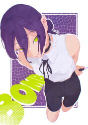  1girl absurdres arms_behind_back black_choker black_ribbon chainsaw_man choker collared_shirt english_text foreshortening forward green_eyes grenade_pin hair_between_eyes hair_bun highres holding holding_knife knife kuromakigaeru leaning looking_at_viewer neck_ribbon purple_hair reze_(chainsaw_man) ribbon shirt short_hair sleeveless sleeveless_shirt smile solo white_shirt 