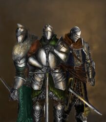  3boys ano68121619_ds armet armor ashen_one_(dark_souls) barbute bearer_of_the_curse blue_coat breastplate brown_scarf chosen_undead coat commentary dark_souls_(series) dark_souls_i dark_souls_ii dark_souls_iii faulds greatsword greaves green_coat highres holding holding_sword holding_weapon knight multiple_boys pauldrons scarf shoulder_armor surcoat sword weapon 