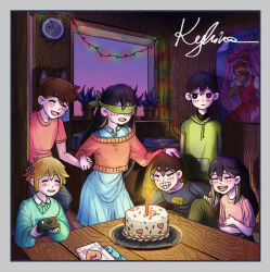  aubrey_(faraway)_(omori) aubrey_(omori) basil_(faraway)_(omori) basil_(omori) birthday blindfold cake camera candle christmas_lights clock commentary english_commentary food grin holding holding_camera holding_hands kel_(faraway)_(omori) kel_(omori) kyhira mari_(faraway)_(omori) mari_(omori) omori poster_(object) smile sunny_(omori) sweetheart_(omori) table treehouse 