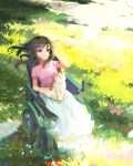  1girl absurdres black_eyes black_hair blush cat closed_mouth day eyebrows_visible_through_hair grass highres long_hair looking_at_viewer original outdoors pink_shirt shirt short_sleeves sitting skirt smile soar solo wheelchair white_skirt 