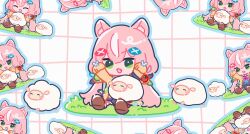  1girl animal animal_ear_fluff animal_ears blue_outline brown_cardigan brown_shoes bug butterfly butterfly_on_hand cardigan cat_ears cat_girl chibi chibi_only commentary double-parted_bangs full_body grass green_eyes grid_background hair_between_eyes hands_up long_hair low_twintails multicolored_hair multiple_views on_ground open_cardigan open_clothes open_mouth original outline pink_hair sheep shoes single_hair_streak sitting sleeves_past_fingers sleeves_past_wrists streaked_hair sumikoshian twintails untranslatable_commentary very_long_hair white_background white_butterfly white_streaks 