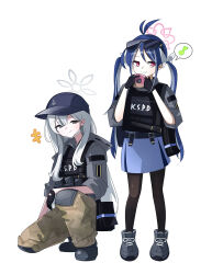  +++ 2girls ahoge alternate_costume ammunition_pouch baseball_cap black_gloves black_pantyhose blue_archive blue_hair blue_skirt boots bulletproof_vest eyewear_on_head fubuki_(blue_archive) full_body gloves grey_eyes grey_hair grey_halo grey_jacket halo hat highres jacket knee_pads konoka_(blue_archive) long_hair looking_at_viewer looking_to_the_side multiple_girls musical_note pants pantyhose pink_halo pouch racoon5 red_eyes sidelocks simple_background skirt speech_bubble sunglasses tactical_clothes twintails white_background 