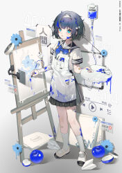  1girl absurdres akebi_(moriyama_meiko) apple black_hair black_sailor_collar black_skirt blue_hair chinese_commentary commentary_request drawing_(action) drawing_(object) food fruit full_body highres looking_at_viewer moriyama_meiko paint sailor_collar shirt shoes skirt socks standing student_self-governance_committee tape white_shirt white_shoes white_socks 